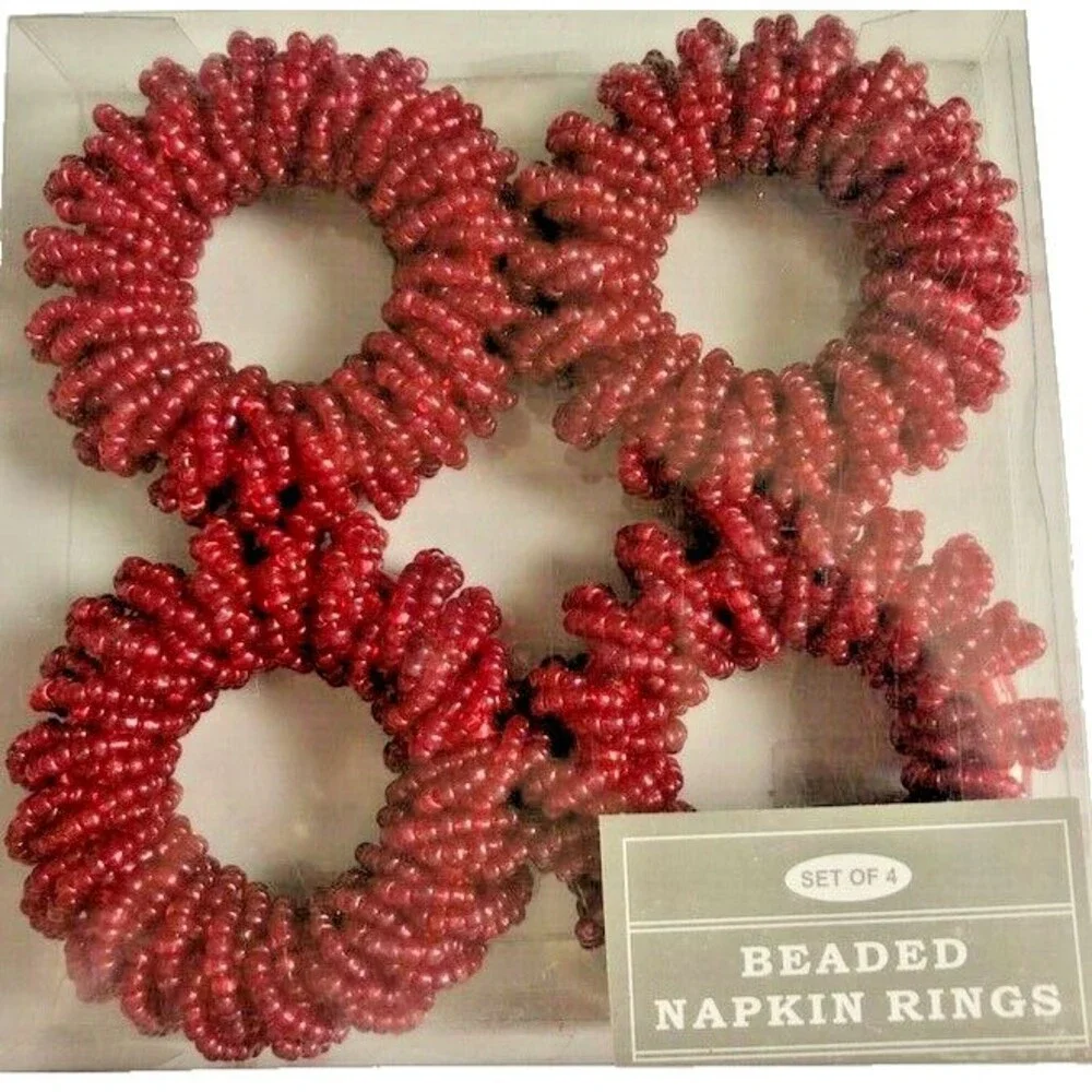 Nantucket Fully Beaded Napkin Rings Red Christmas 4th Of July Beach Set of 4